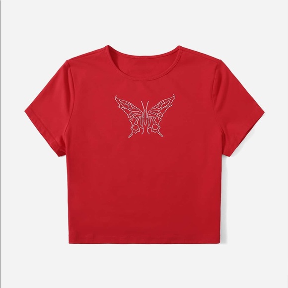 SHEIN Tops - SHEIN RHINESTONE BUTTERFLY RED CROP TOP (size medium)